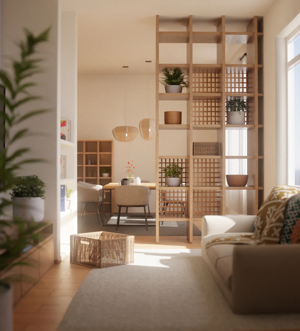 Jasny salon z drewnianymi regałami